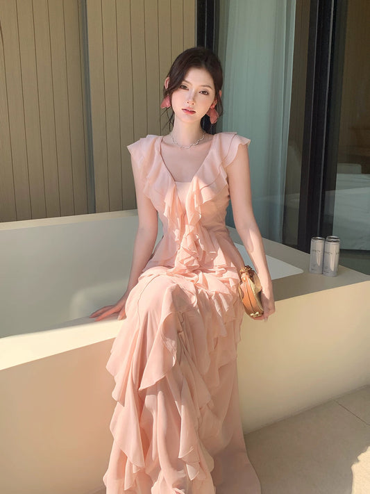 Simple Mermaid V Neck Pink Chiffon Summer Formal For Women Girls Teens Prom Dresses N2214