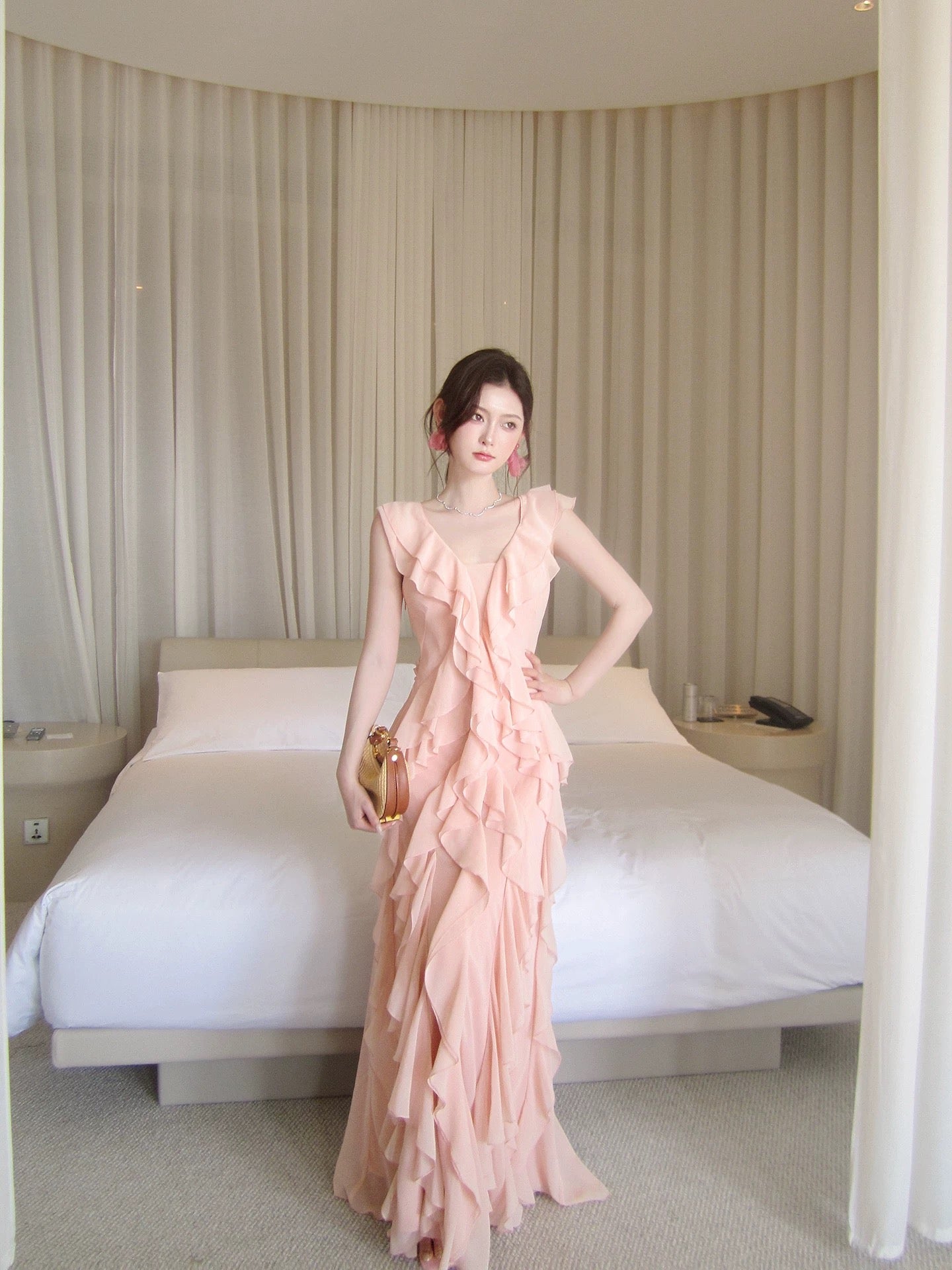 Robes de bal simples en mousseline rose col en V de sirène pour femmes et adolescentes N2214