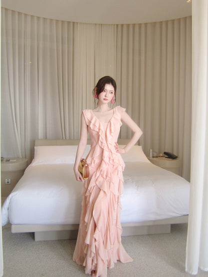 Robes de bal simples en mousseline rose col en V de sirène pour femmes et adolescentes N2214