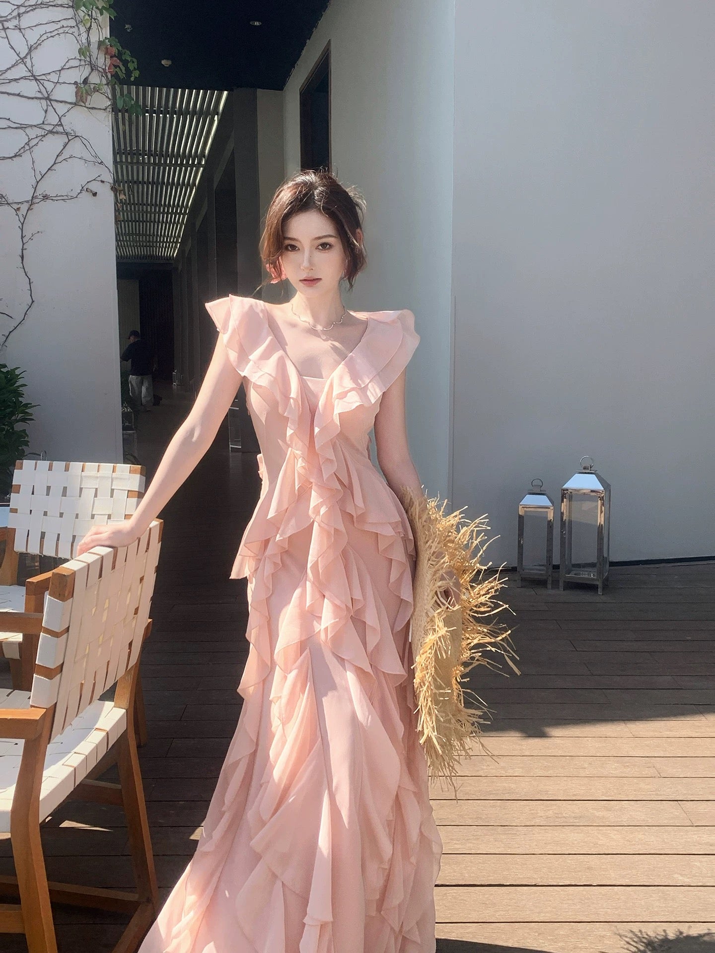 Robes de bal simples en mousseline rose col en V de sirène pour femmes et adolescentes N2214