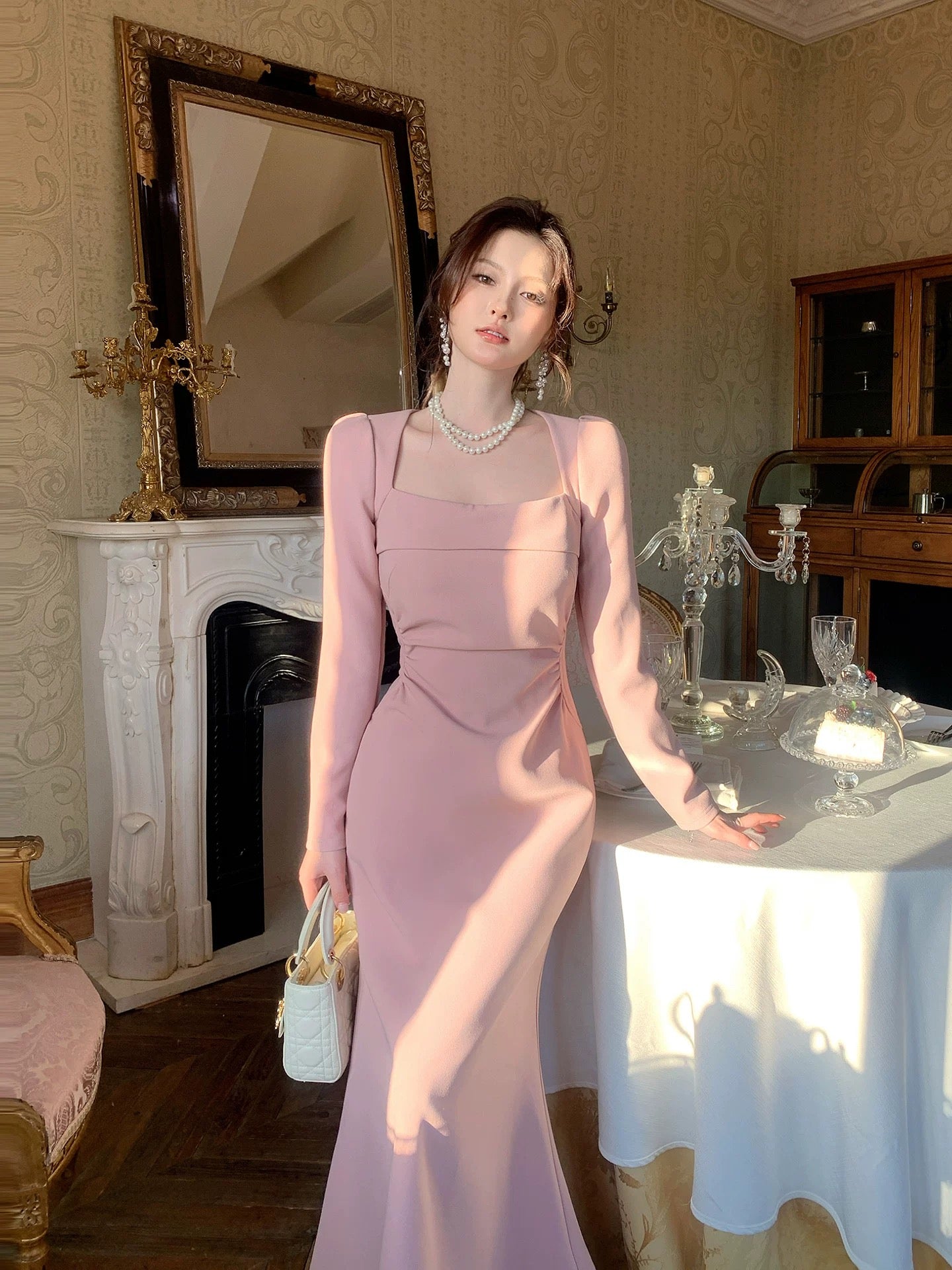 Robe de soirée d'été en satin rose de style sirène à col carré pour femmes, filles, adolescentes, N2217