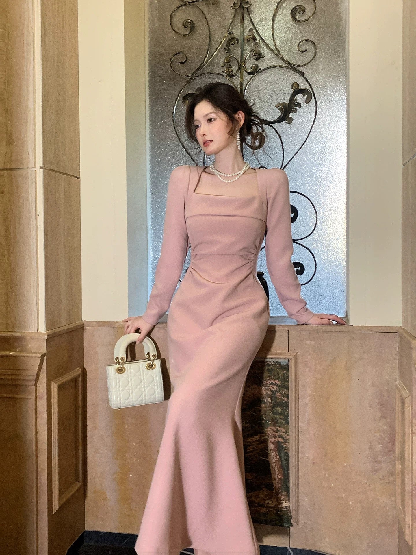 Robe de soirée d'été en satin rose de style sirène à col carré pour femmes, filles, adolescentes, N2217