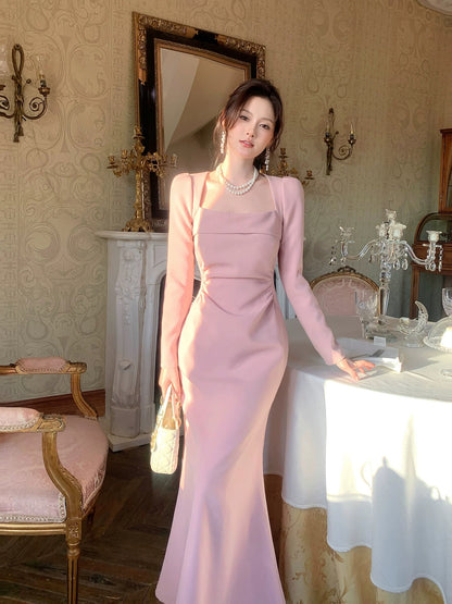 Robe de soirée d'été en satin rose de style sirène à col carré pour femmes, filles, adolescentes, N2217