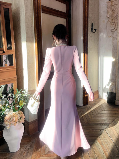 Robe de soirée d'été en satin rose de style sirène à col carré pour femmes, filles, adolescentes, N2217