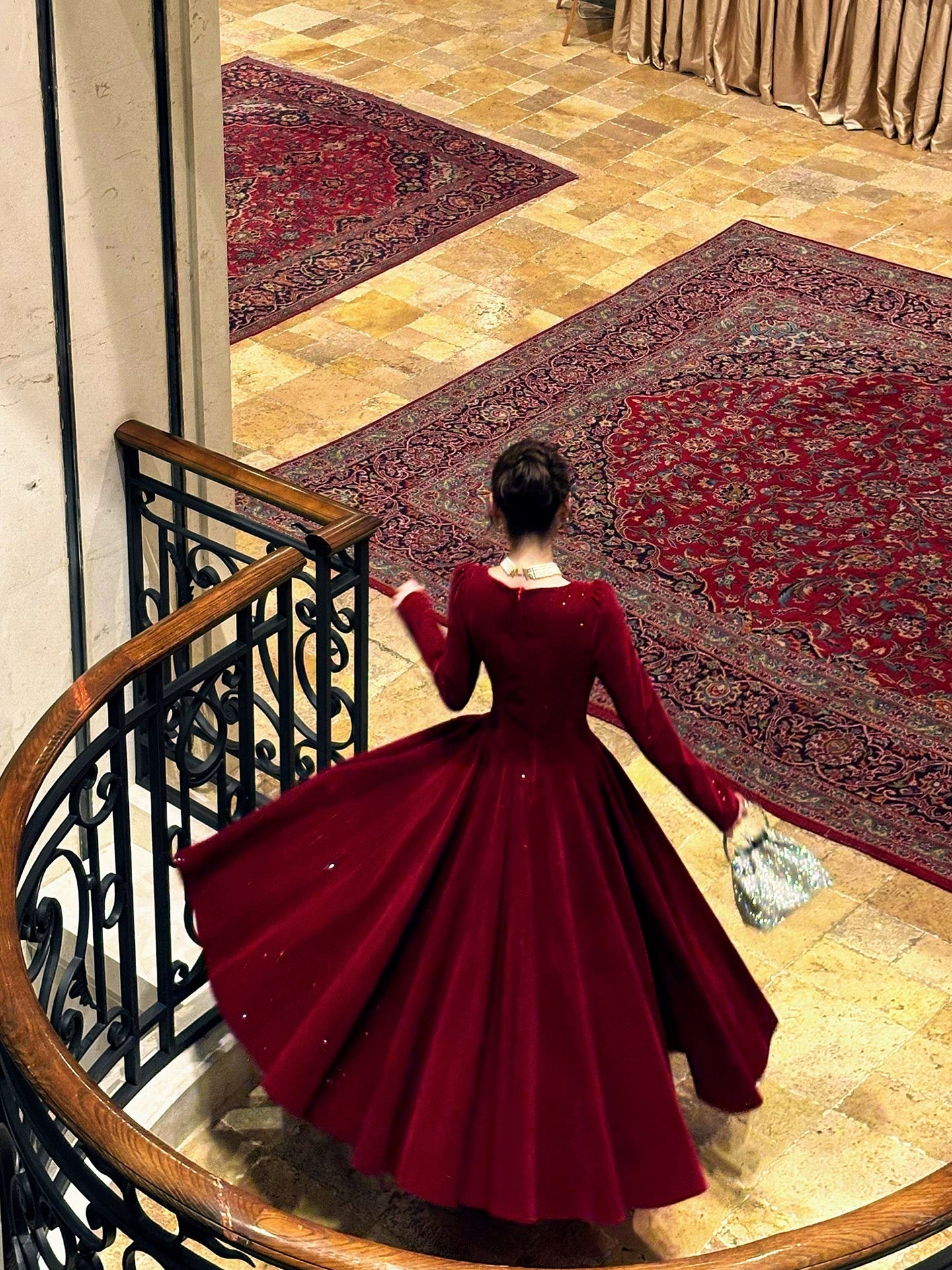 Französischer Stil A-Linie Carmen Ausschnitt Burgund mit langen Ärmeln Sommer formell für Frauen Teenager Ballkleider N2218