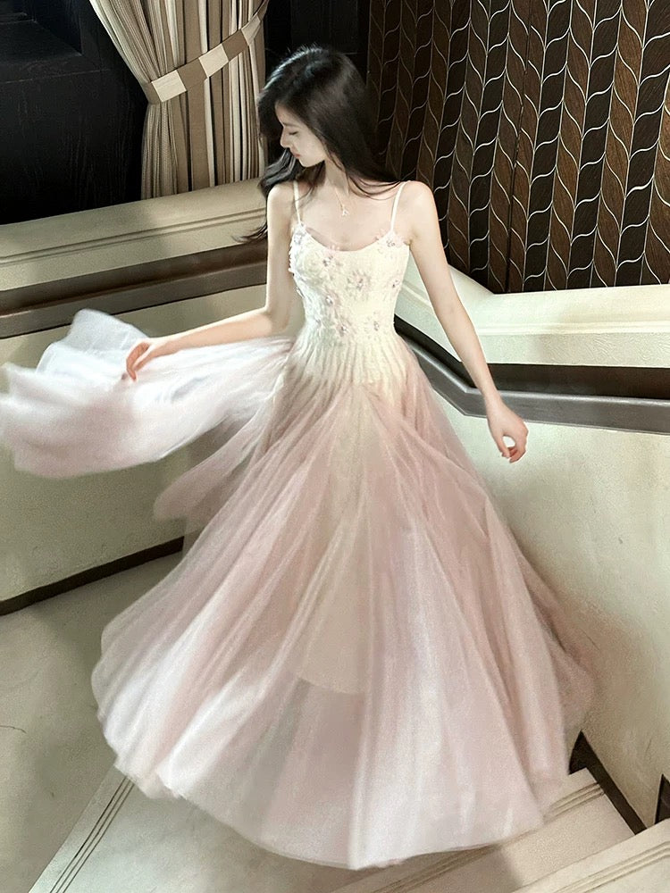 Élégante robe longue rose en tulle coupe trapèze à fines bretelles pour femmes et adolescentes, robes de bal N2219