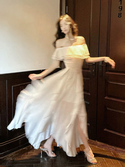 Simple A line Off The Shoulder White Chiffon Cruise Ship Formal Night Evening Dresses 20th Birthday Outfit RB3866