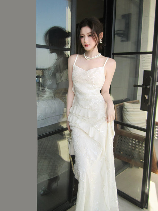 Simple Mermaid Spaghetti Strap White Sequin Summer Formal For Women Girls Teens Prom Dresses N2226