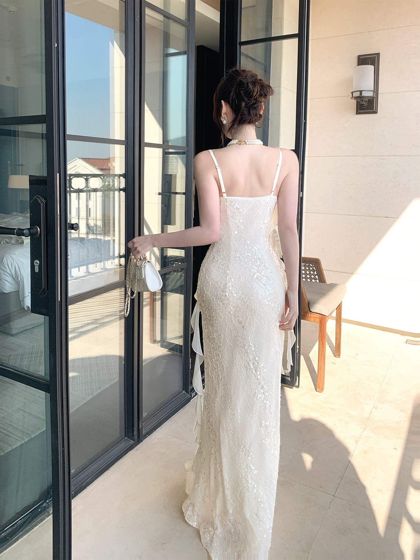 Einfaches Meerjungfrau Spaghetti-Träger Weißes Pailletten Sommer Abendkleid Für Damen Mädchen Teenager Ballkleider N2226