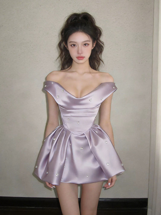 Vintage Ball Gown Off The Shoulder Lilac Satin Short Inspo 2000s Hoco Gowns Inspo Homecoming Dresses N1668
