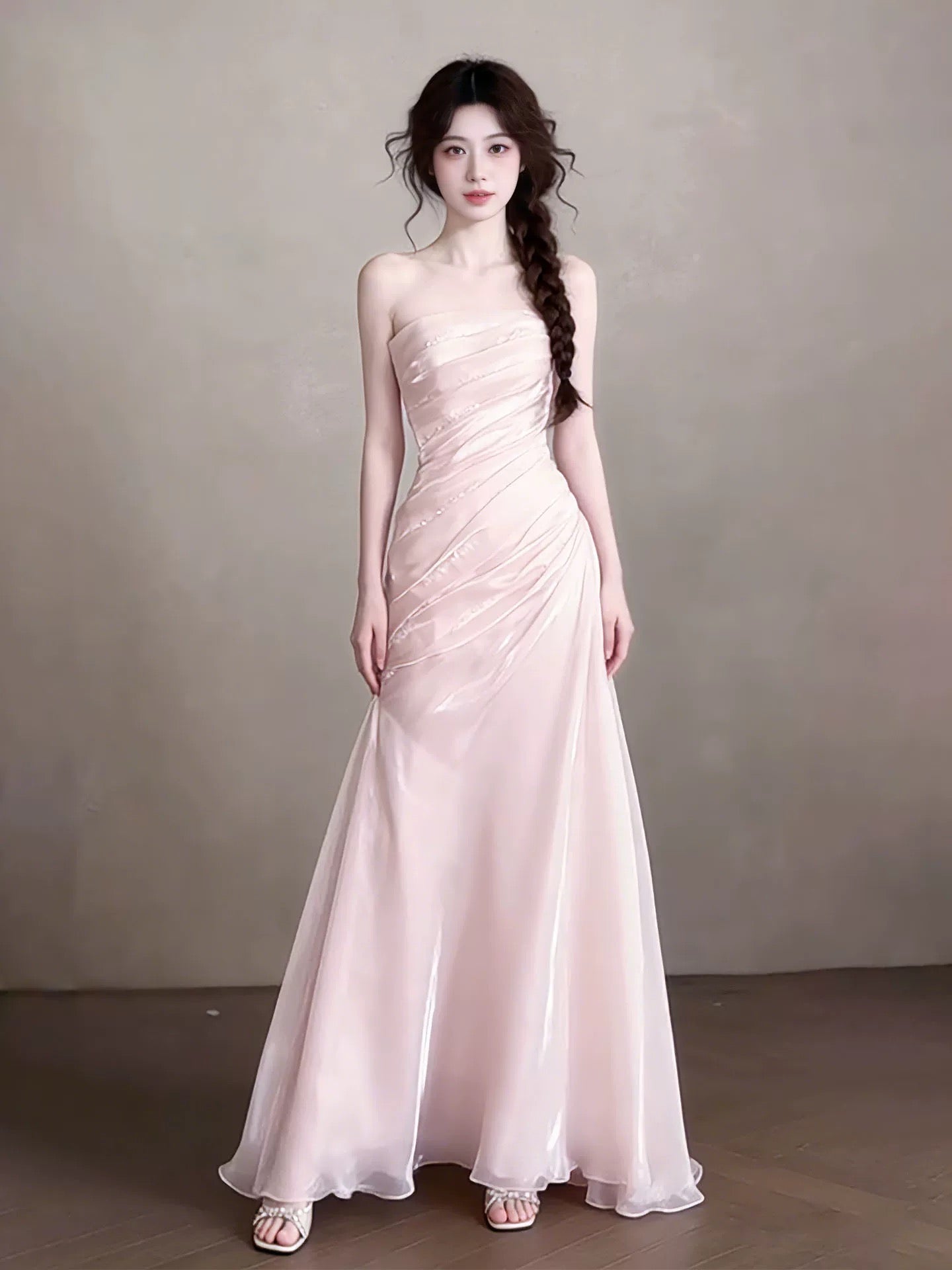 Niedliches, trägerloses Meerjungfrauen-Kleid in Rosa mit Rüschen für Highschool-Schülerinnen, Abschlussballkleider, langes Abschlusskleid N1669