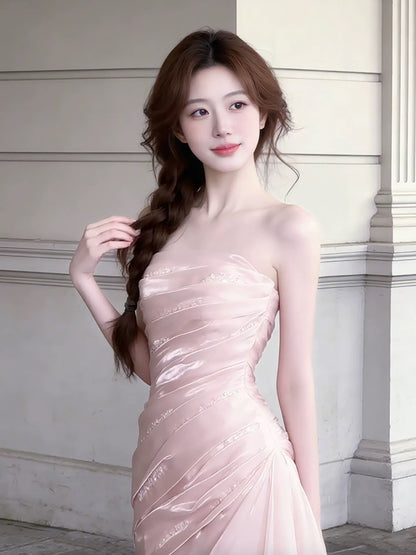Niedliches, trägerloses Meerjungfrauen-Kleid in Rosa mit Rüschen für Highschool-Schülerinnen, Abschlussballkleider, langes Abschlusskleid N1669