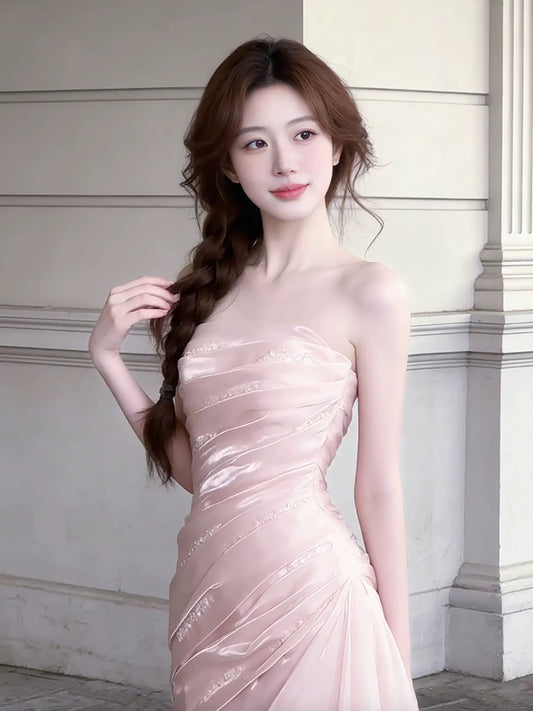 Cute Mermaid Strapless Pink With Ruffles For High Schools Teens Prom Dresses Long Graduation Dress N1669