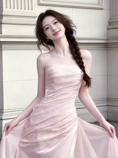 Niedliches, trägerloses Meerjungfrauen-Kleid in Rosa mit Rüschen für Highschool-Schülerinnen, Abschlussballkleider, langes Abschlusskleid N1669