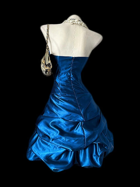 Vintage Sheath Strapless Royal Blue Satin Short Inspo 2000s Hoco Gowns Inspo Homecoming Dresses N1670