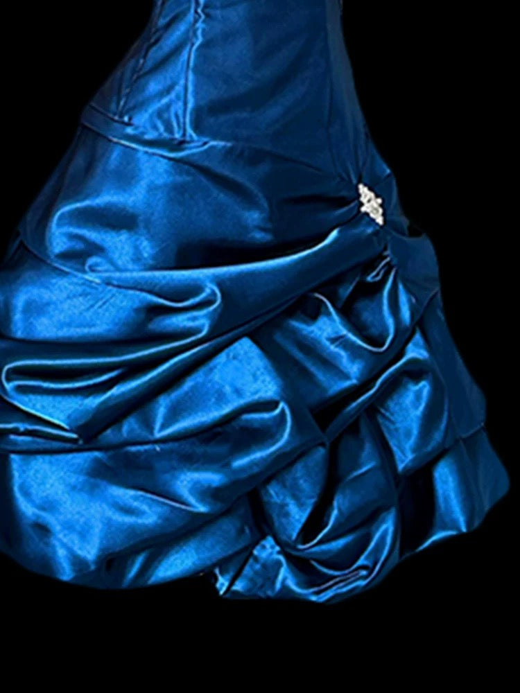 Vintage Etuikleid, trägerlos, königsblau, Satin, kurz, Inspiration für Homecoming-Kleider der 2000er Jahre, N1670