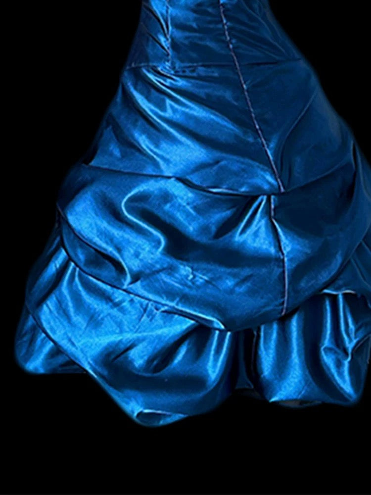 Vintage Etuikleid, trägerlos, königsblau, Satin, kurz, Inspiration für Homecoming-Kleider der 2000er Jahre, N1670