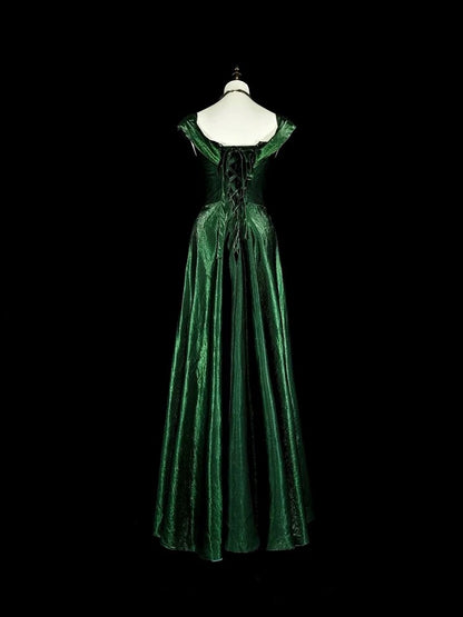Vintage A-Linien-Kleid aus dunkelgrünem Samt mit Rüschen und herzförmigem Ausschnitt für Highschool-Schülerinnen, Teenager, Abschlussballkleid, langes Abschlusskleid N1672