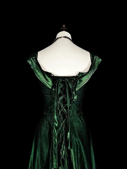 Vintage A-Linien-Kleid aus dunkelgrünem Samt mit Rüschen und herzförmigem Ausschnitt für Highschool-Schülerinnen, Teenager, Abschlussballkleid, langes Abschlusskleid N1672