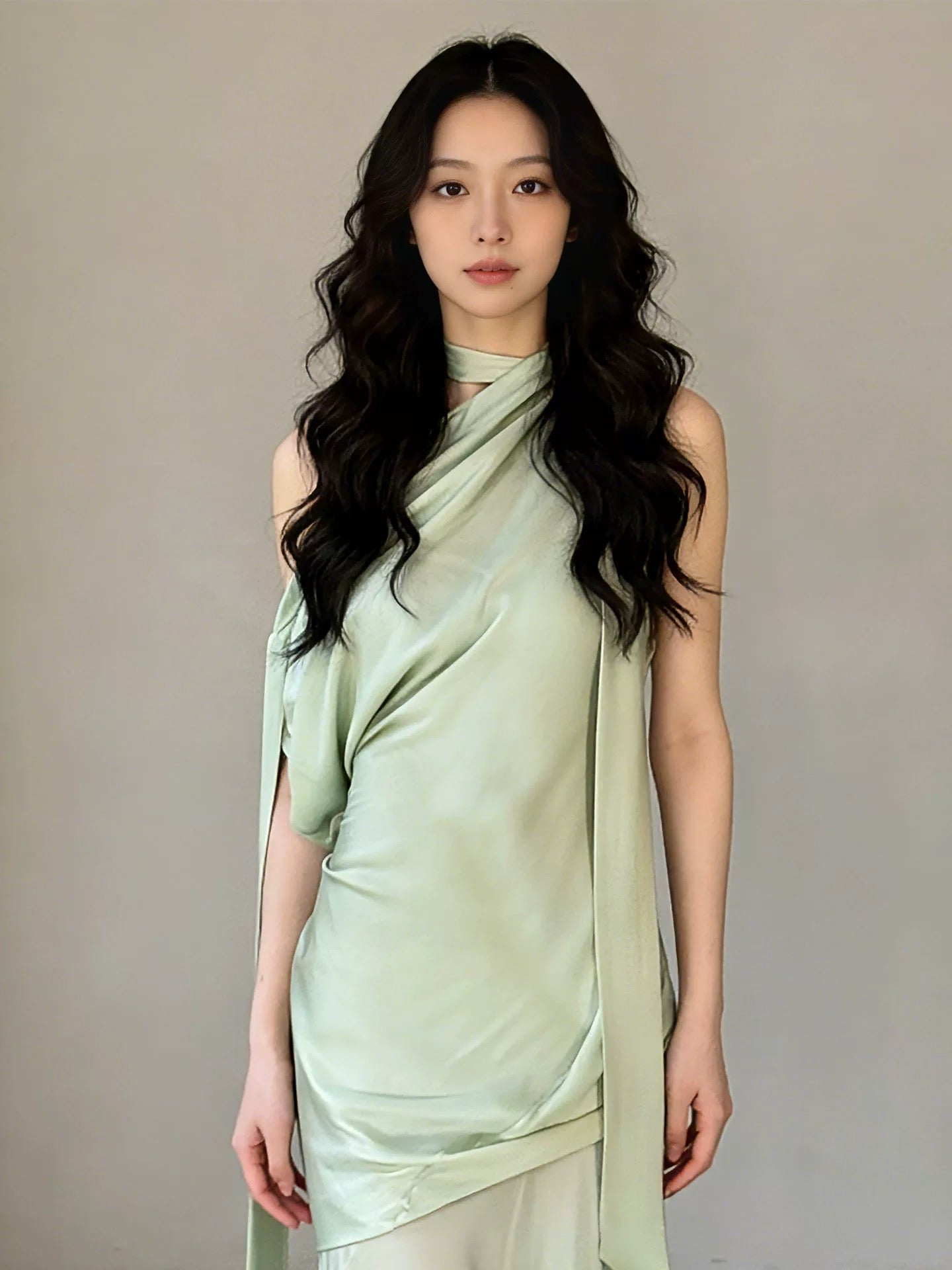 Robe de mariée longue style sirène classique asymétrique en satin vert sauge, inspiration N1673