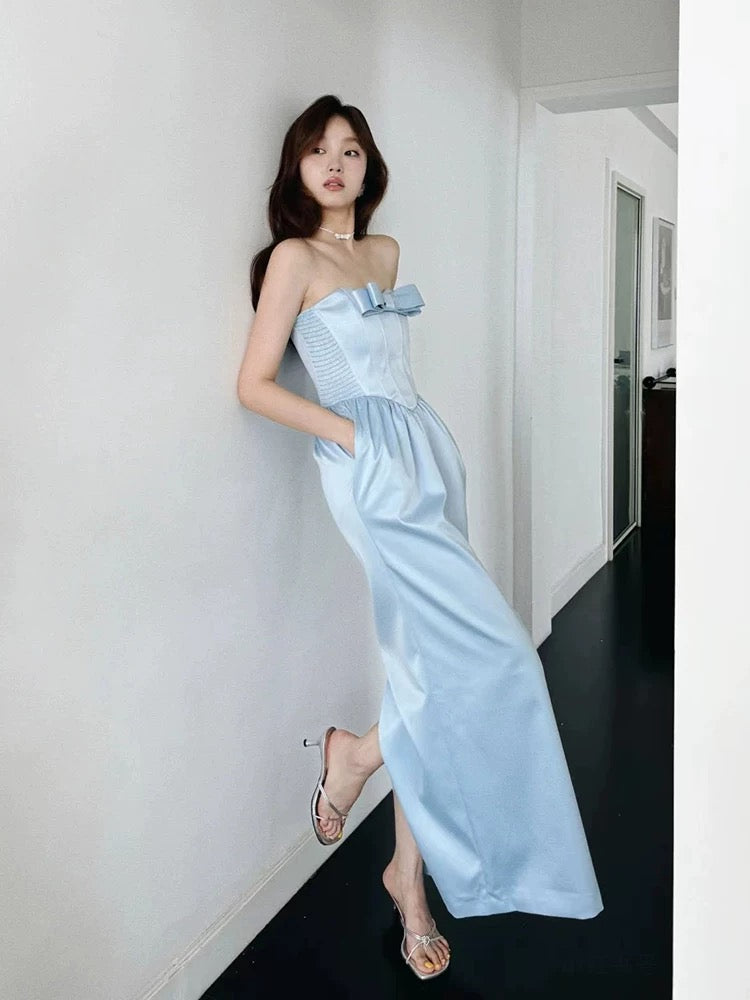 Robe longue classique bleu A sans bretelles avec poches, inspiration satin, pour invitée de mariage N1675