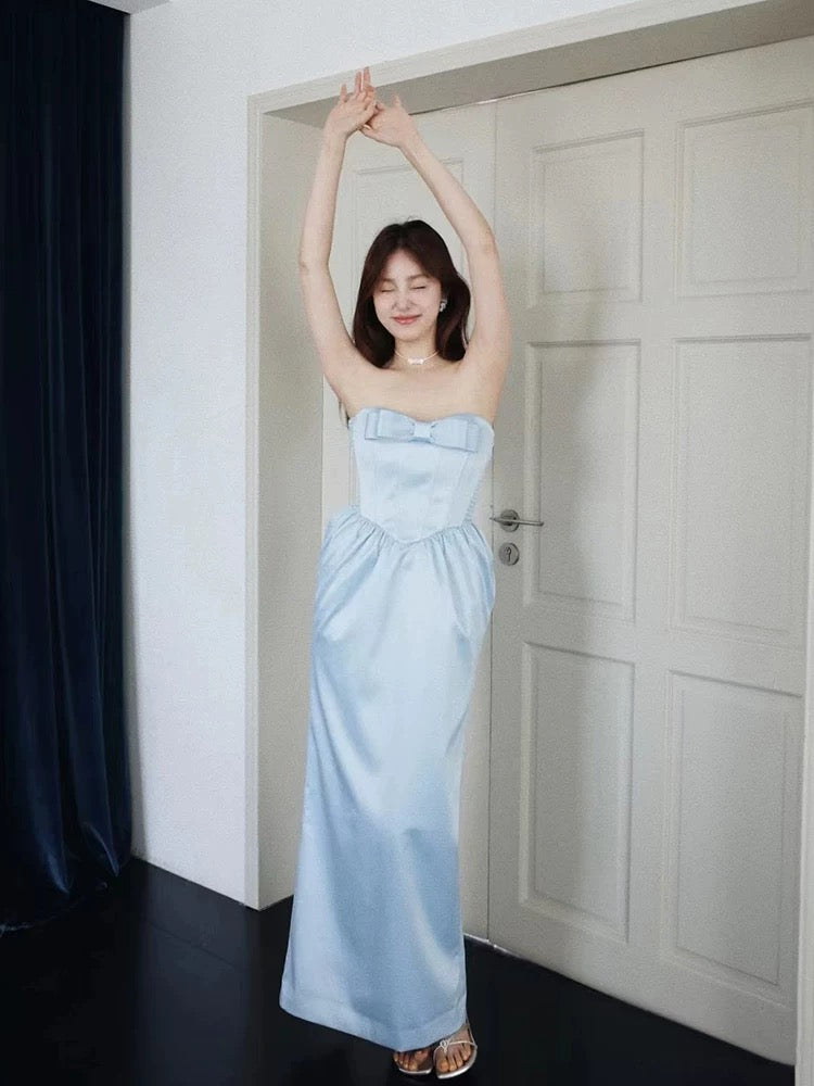 Robe longue classique bleu A sans bretelles avec poches, inspiration satin, pour invitée de mariage N1675