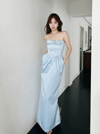 Robe longue classique bleu A sans bretelles avec poches, inspiration satin, pour invitée de mariage N1675