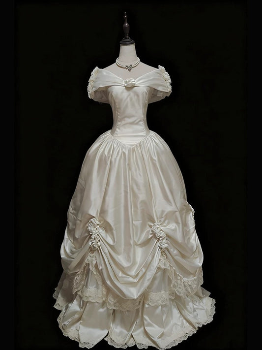 Fairytale Fantasy Art Wedding Dresses Ball Gown Off The Shoulder Satin With Sleeves Long Brides Dress Bridal Gowns N1676