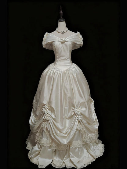 French Style Wedding Dresses Ball Gown Off The Shoulder Satin Long Summer Garden Wedding Dress N4139