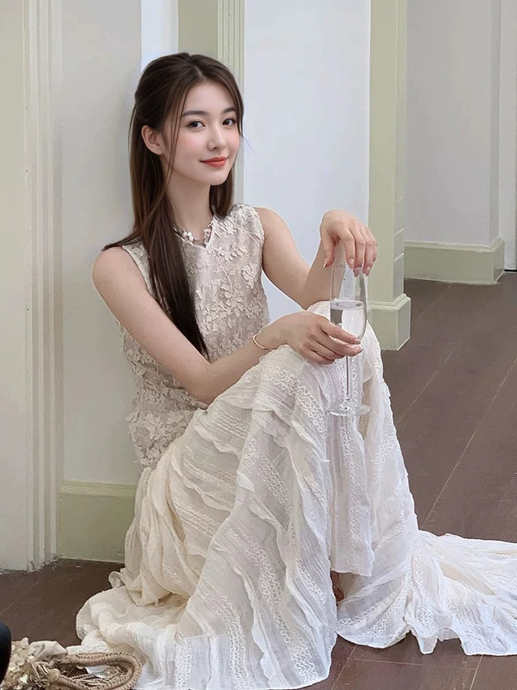 Robe longue classique trapèze à col rond et volants, inspiration robe de mariée N1679
