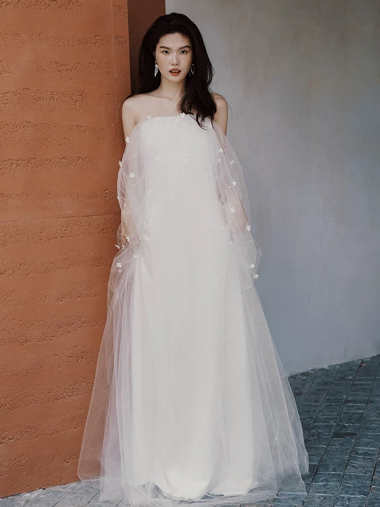 Märchenhaftes Fantasy-Hochzeitskleid, A-Linie, schulterfrei, Tüll mit Ärmeln, langes Brautkleid N1681