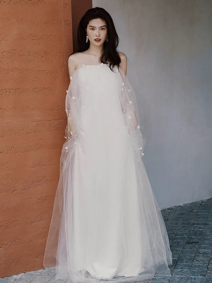 Märchenhaftes Fantasy-Hochzeitskleid, A-Linie, schulterfrei, Tüll mit Ärmeln, langes Brautkleid N1681