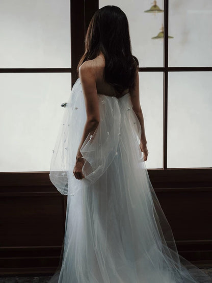 Märchenhaftes Fantasy-Hochzeitskleid, A-Linie, schulterfrei, Tüll mit Ärmeln, langes Brautkleid N1681