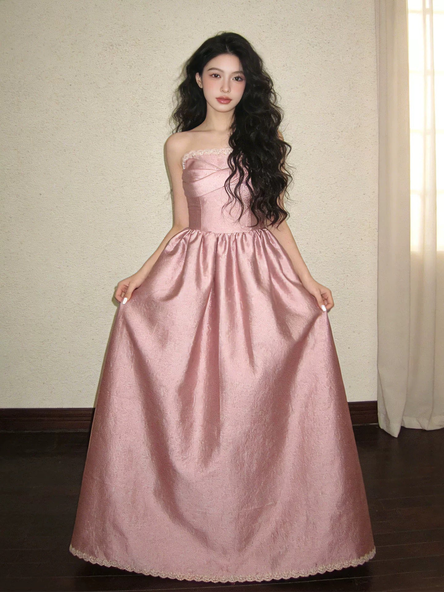 Magnifique robe de bal rose bustier à volants pour lycéennes, robe de fin d'année, modèle N1684