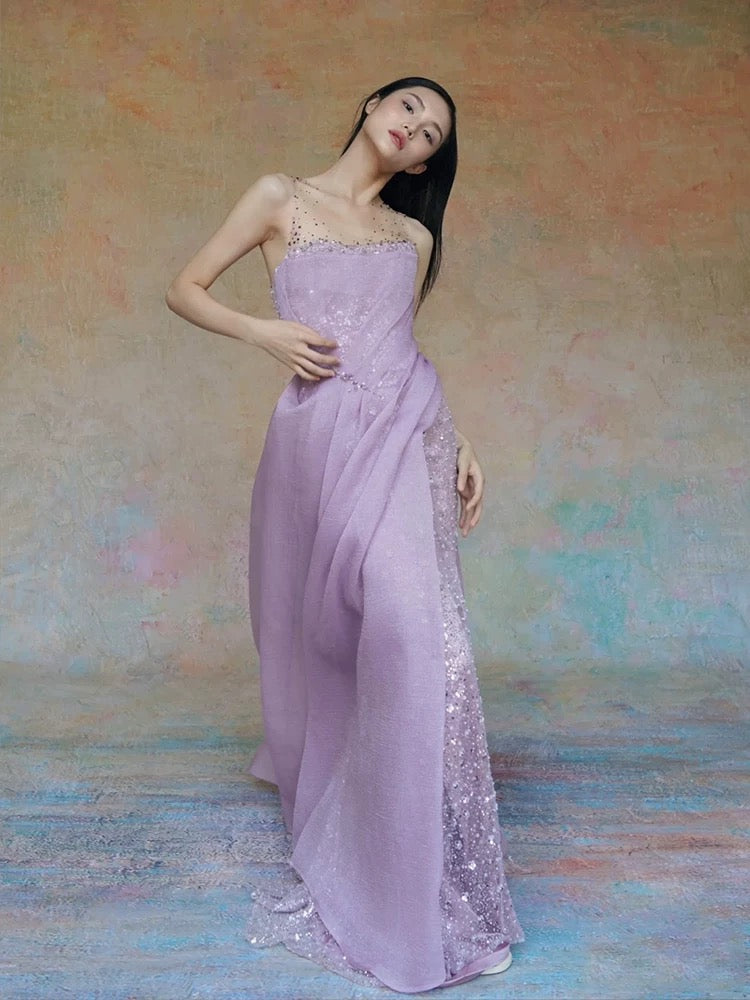 Wunderschönes, lilafarbenes Paillettenkleid in A-Linie mit Rüschen für Highschool-Schülerinnen, Teenager, Abschlussballkleider, N1686