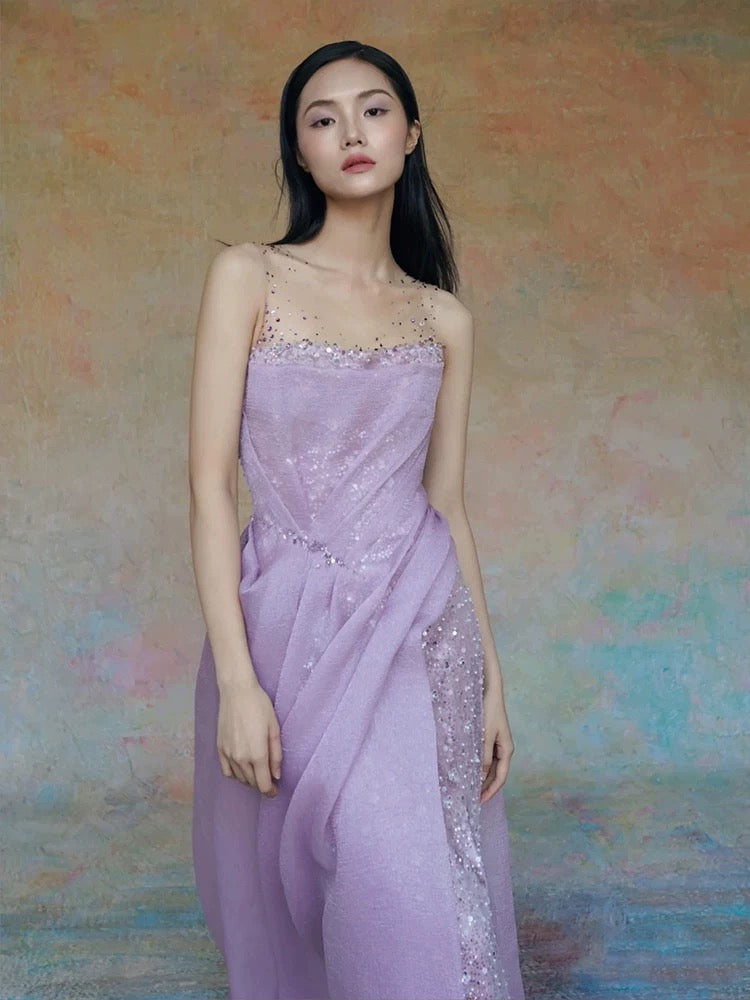 Wunderschönes, lilafarbenes Paillettenkleid in A-Linie mit Rüschen für Highschool-Schülerinnen, Teenager, Abschlussballkleider, N1686