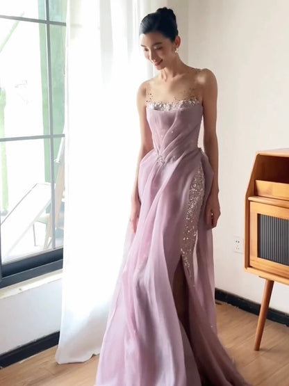 Wunderschönes, lilafarbenes Paillettenkleid in A-Linie mit Rüschen für Highschool-Schülerinnen, Teenager, Abschlussballkleider, N1686