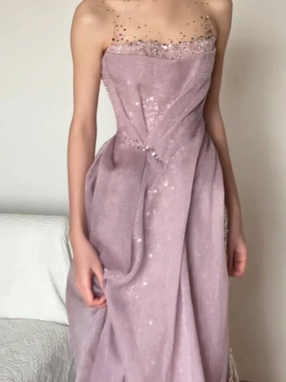 Wunderschönes, lilafarbenes Paillettenkleid in A-Linie mit Rüschen für Highschool-Schülerinnen, Teenager, Abschlussballkleider, N1686