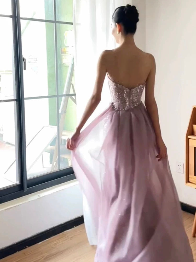 Wunderschönes, lilafarbenes Paillettenkleid in A-Linie mit Rüschen für Highschool-Schülerinnen, Teenager, Abschlussballkleider, N1686