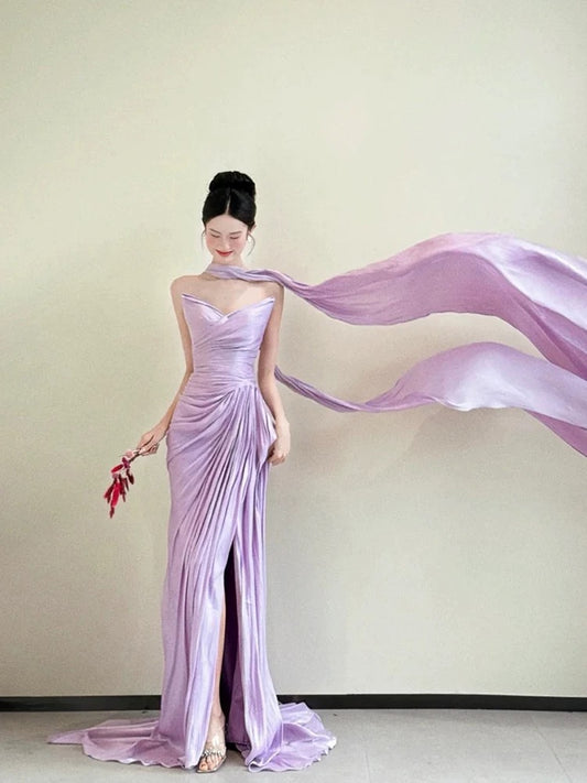 Classic Mermaid Sweetheart Lilac Satin With Ruffles Scarf Inspiration Long Wedding Guest Dresses N1687