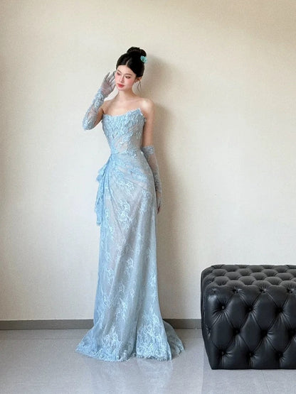 Beautiful Mermaid Sweetheart Blue Lace With Gloves For High Schools Teens Prom Dresses Graduation Dress N1689