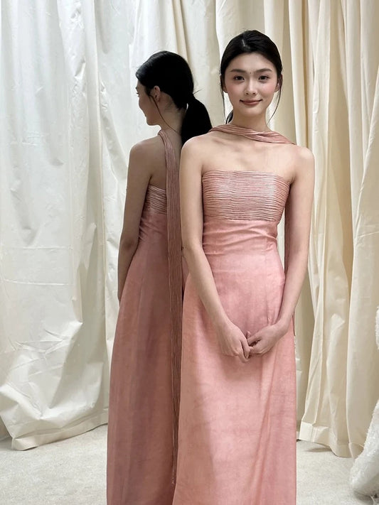 Classic A line Strapless Pink Satin With Ruffles Scarf Inspiration Long Wedding Guest Dresses N1690