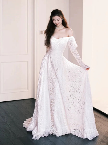 Märchenhaftes Fantasy-Hochzeitskleid, A-Linie, schulterfrei, Spitze mit Ärmeln, langes Brautkleid N1691