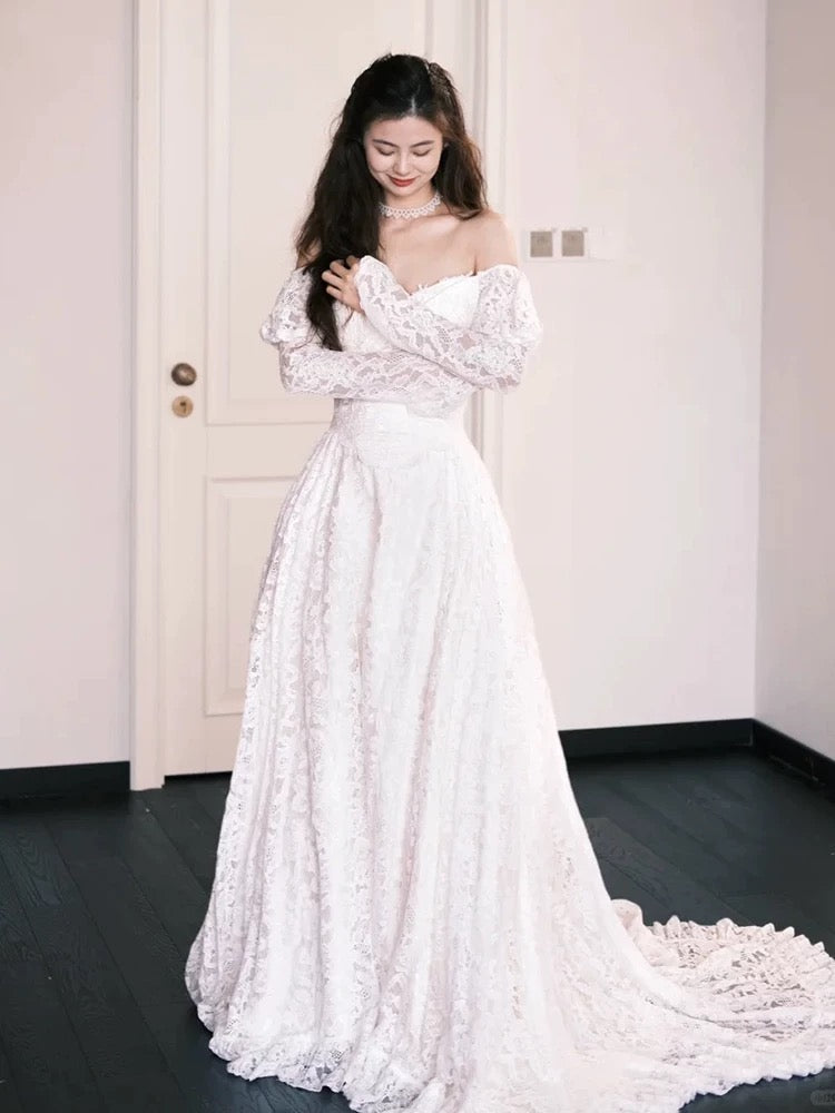 Märchenhaftes Fantasy-Hochzeitskleid, A-Linie, schulterfrei, Spitze mit Ärmeln, langes Brautkleid N1691