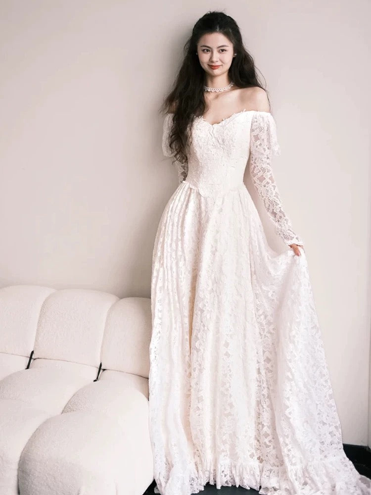 Märchenhaftes Fantasy-Hochzeitskleid, A-Linie, schulterfrei, Spitze mit Ärmeln, langes Brautkleid N1691