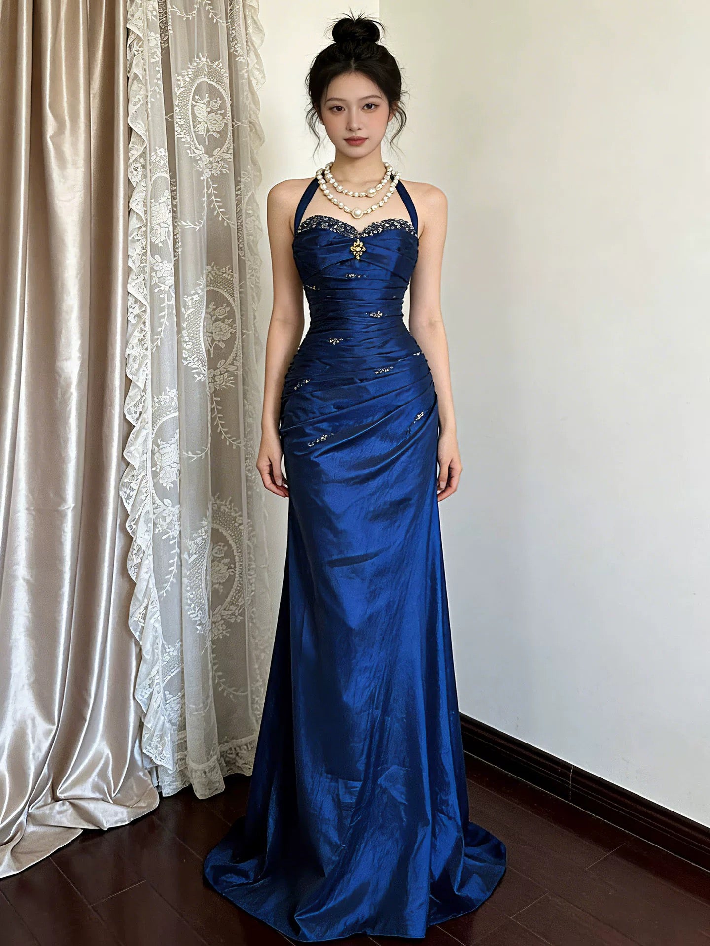 Royal Blue Mermaid Long Prom Dress Beaded Vintage Evening Dress AB1822