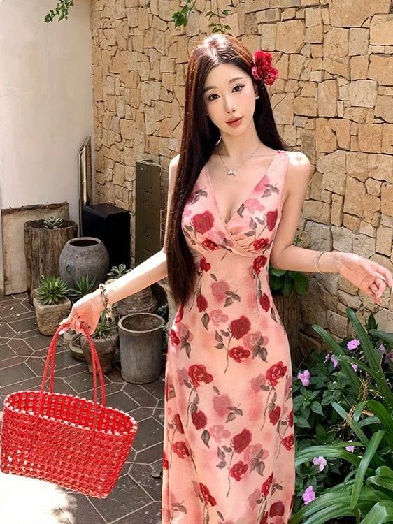 Modest A Line V Neck Floral Chiffon Sleeveless Long Birthday Dresses Party Holiday Summer Outfits N3143