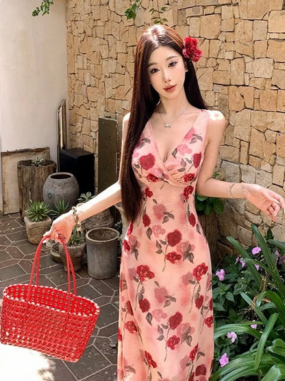 Modest A Line V Neck Floral Chiffon Sleeveless Long Birthday Dresses Party Holiday Summer Outfits N3143