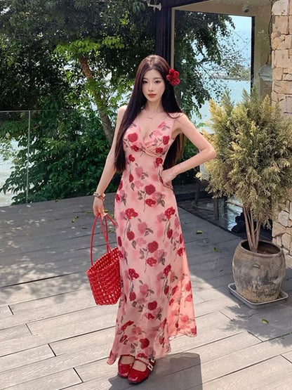 Modest A Line V Neck Floral Chiffon Sleeveless Long Birthday Dresses Party Holiday Summer Outfits N3143