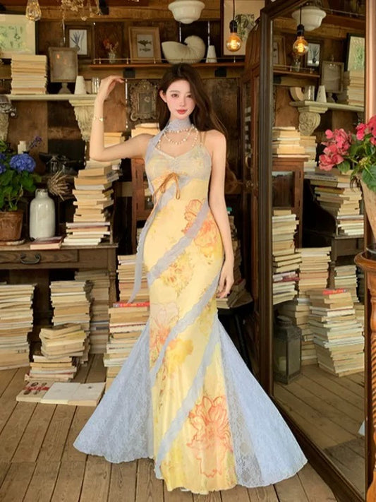 Modest Mermaid Spaghetti Strap Ideas For Women Yellow Long Birthday Dresses Party Holiday Summer Outfits N3144